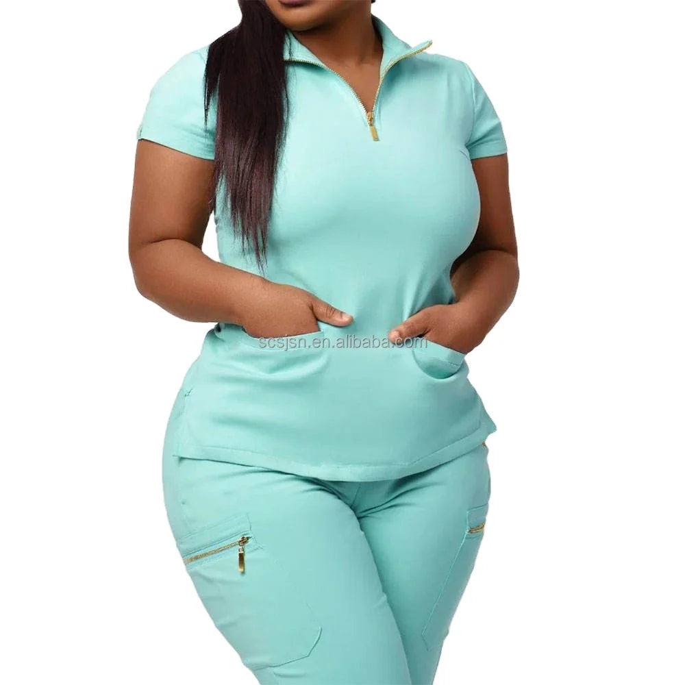 Ready Scrub Uniform Set Female New Style Zipper Pullover Nurse Uniforms Set Stretch Hospital Jogger Wholesale Medical Uniform