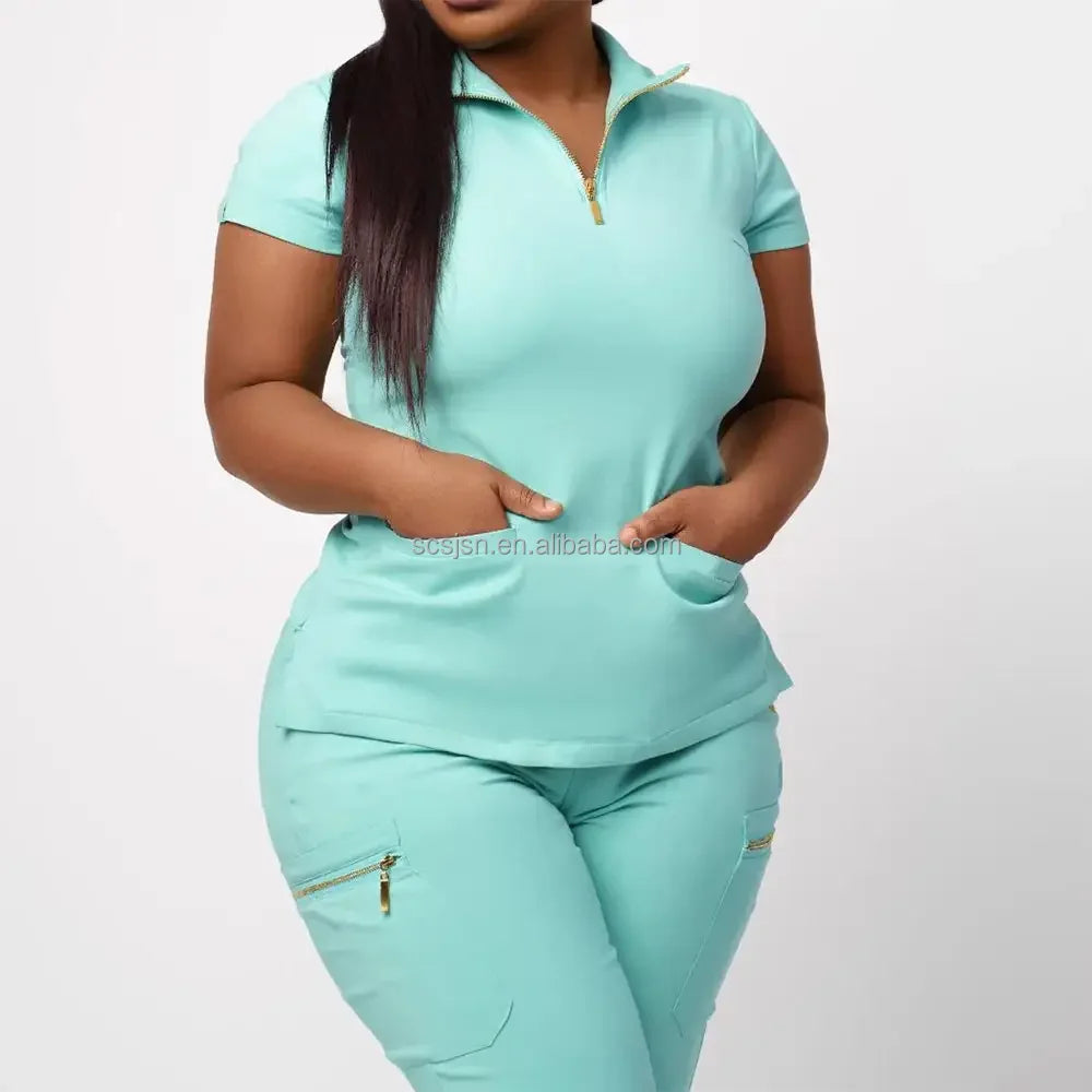 Ready Scrub Uniform Set Female New Style Zipper Pullover Nurse Uniforms Set Stretch Hospital Jogger Wholesale Medical Uniform