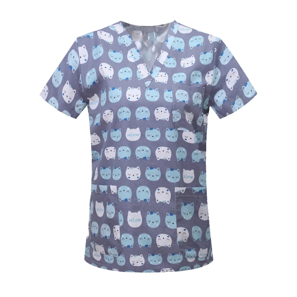 Nursing Scrubs Print Tops Women Working Uniform Blouse Short Sleeve V-neck Shirt Clothes Nurse Tunic Men Nurses Doctors Workwear