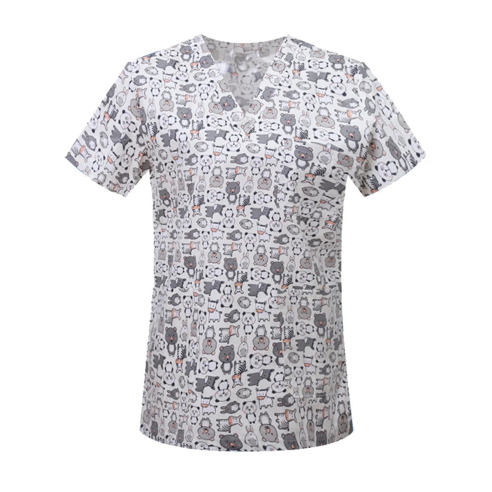 Nursing Scrubs Print Tops Women Working Uniform Blouse Short Sleeve V-neck Shirt Clothes Nurse Tunic Men Nurses Doctors Workwear