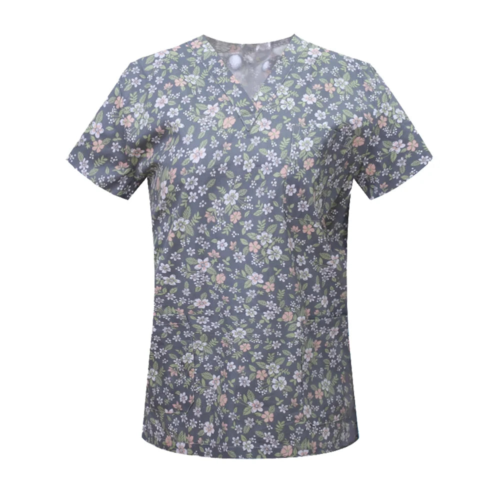 Nursing Scrubs Print Tops Women Working Uniform Blouse Short Sleeve V-neck Shirt Clothes Nurse Tunic Men Nurses Doctors Workwear