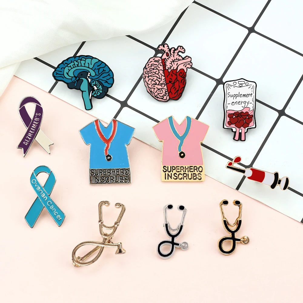 Medical Theme Nurse Enamel Pin Brooch — Stethoscope & Syringe Lapel Badge