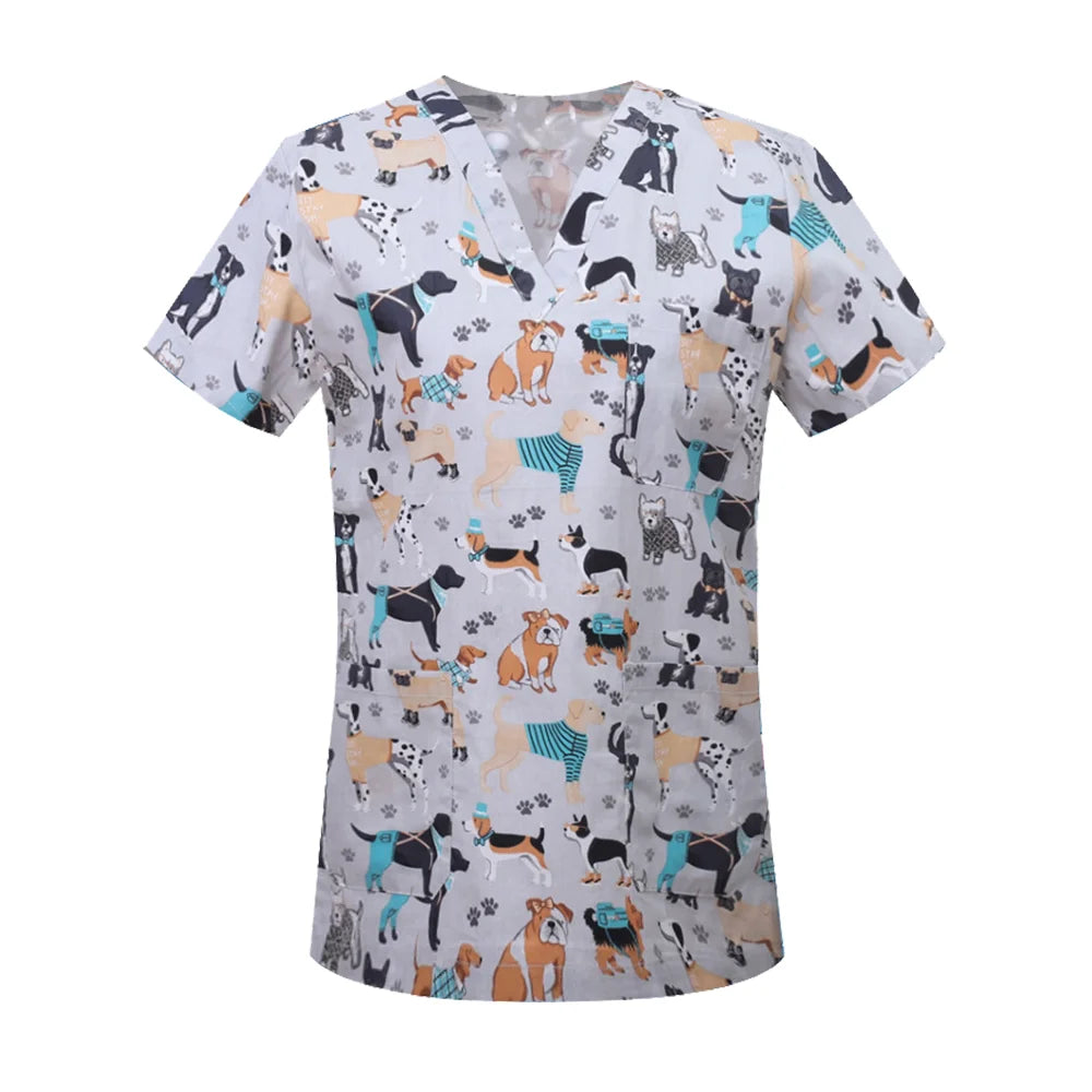 Nursing Scrubs Print Tops Women Working Uniform Blouse Short Sleeve V-neck Shirt Clothes Nurse Tunic Men Nurses Doctors Workwear
