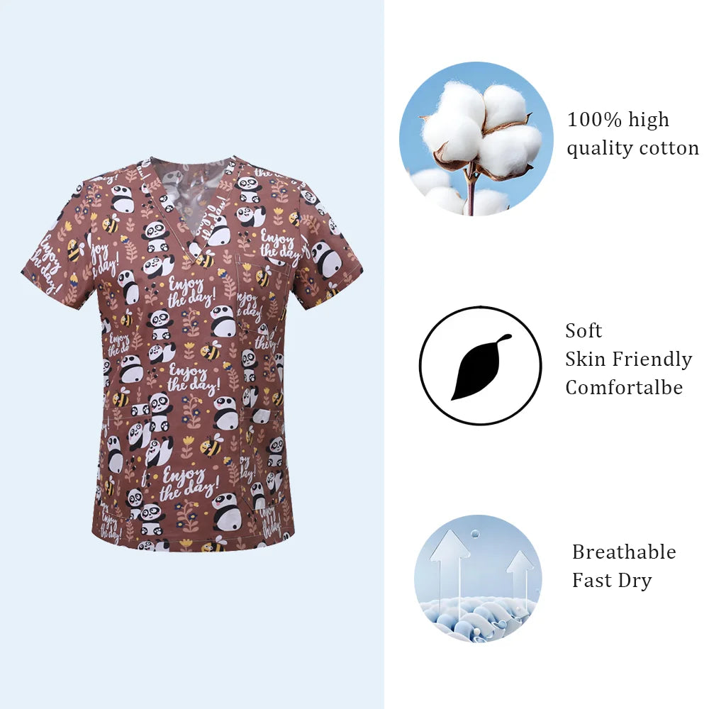 Nursing Scrubs Print Tops Women Working Uniform Blouse Short Sleeve V-neck Shirt Clothes Nurse Tunic Men Nurses Doctors Workwear