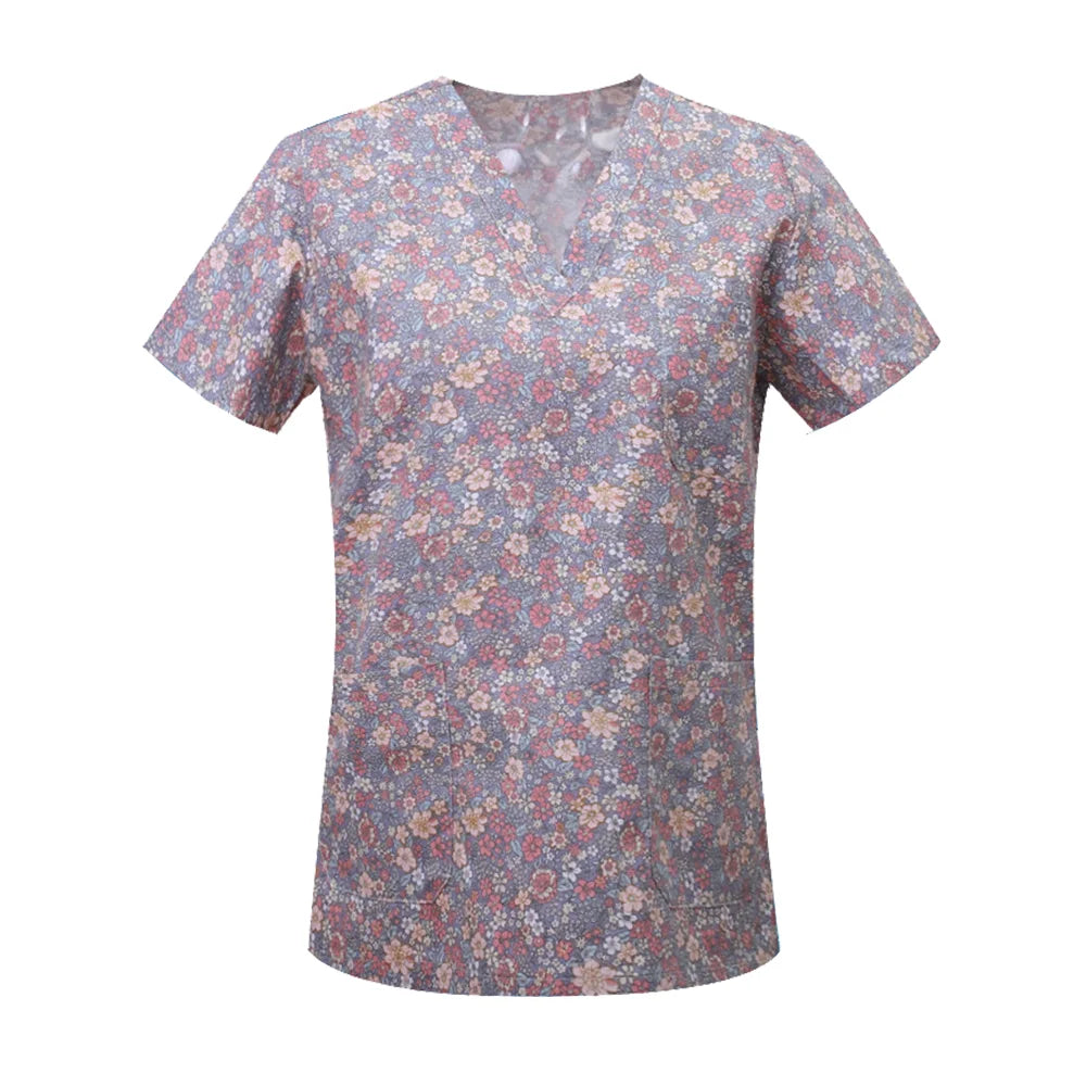 Nursing Scrubs Print Tops Women Working Uniform Blouse Short Sleeve V-neck Shirt Clothes Nurse Tunic Men Nurses Doctors Workwear