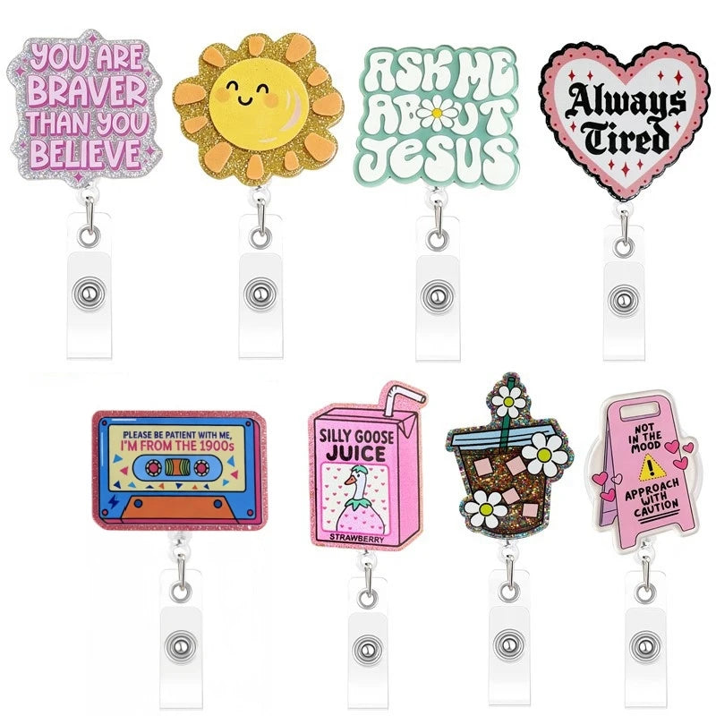 Glitter Acrylic Funny Quote Retractable Badge Reel — Nurse & Doctor ID Holder