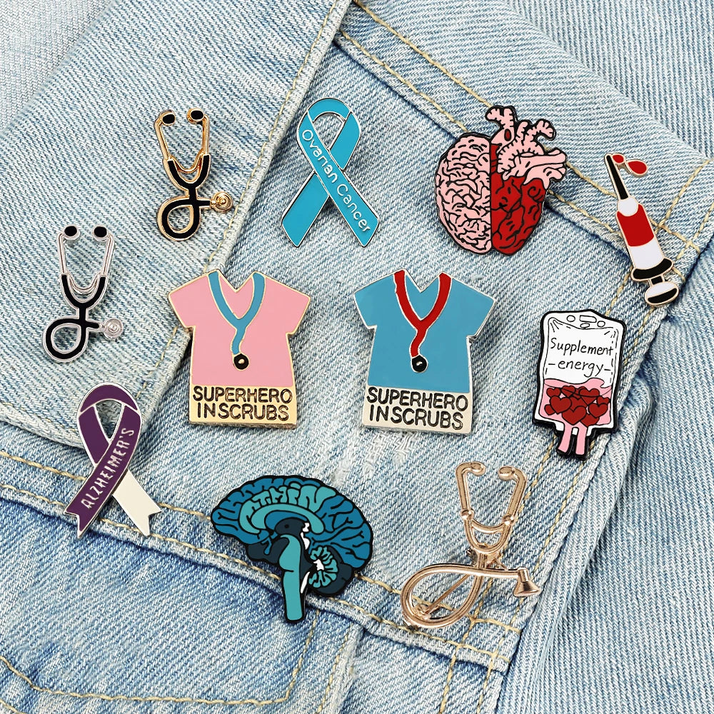 Medical Theme Nurse Enamel Pin Brooch — Stethoscope & Syringe Lapel Badge