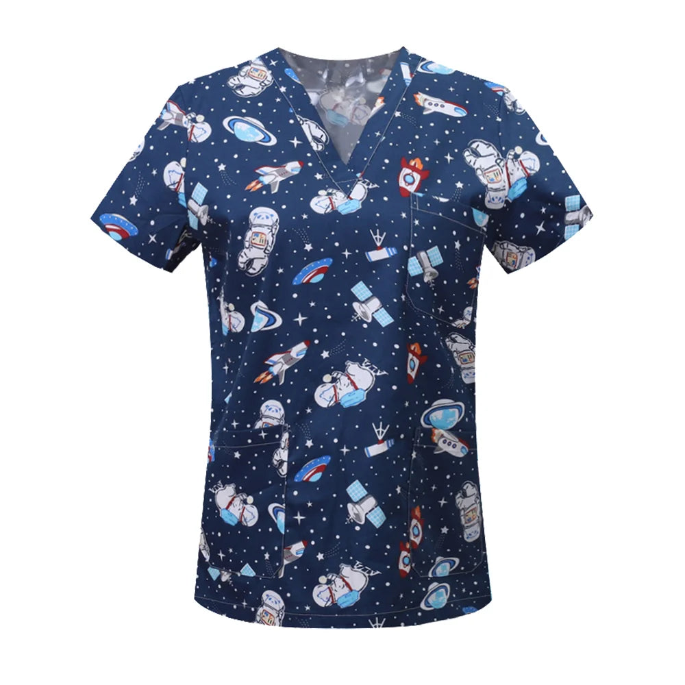 Nursing Scrubs Print Tops Women Working Uniform Blouse Short Sleeve V-neck Shirt Clothes Nurse Tunic Men Nurses Doctors Workwear
