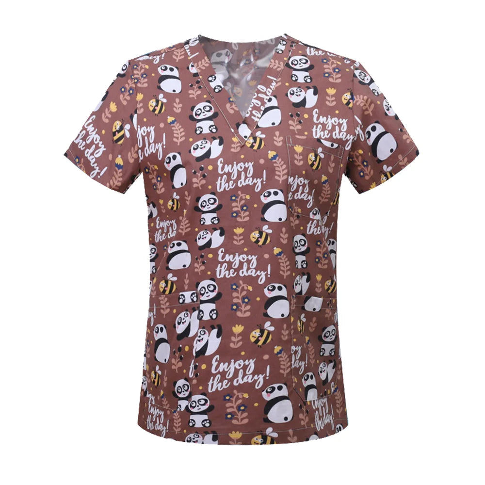 Nursing Scrubs Print Tops Women Working Uniform Blouse Short Sleeve V-neck Shirt Clothes Nurse Tunic Men Nurses Doctors Workwear