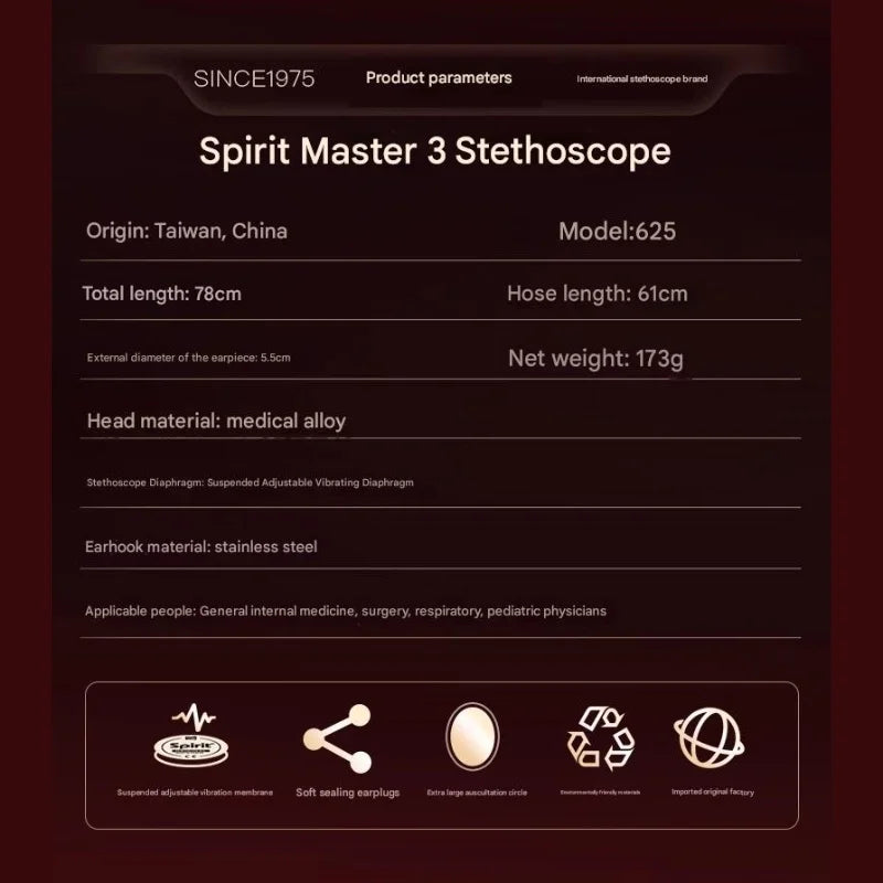 Spirit 625 Medical Single Head Stethoscope Cardiology Diagnostic Stethoscopes for Doctors Nurse EMT Students Adult Use