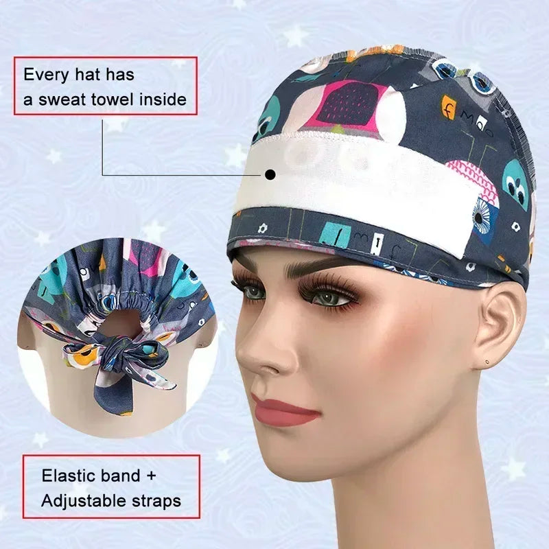 Adjustable Nurse Scrub Cap – Unisex Cotton Print Surgical Hat