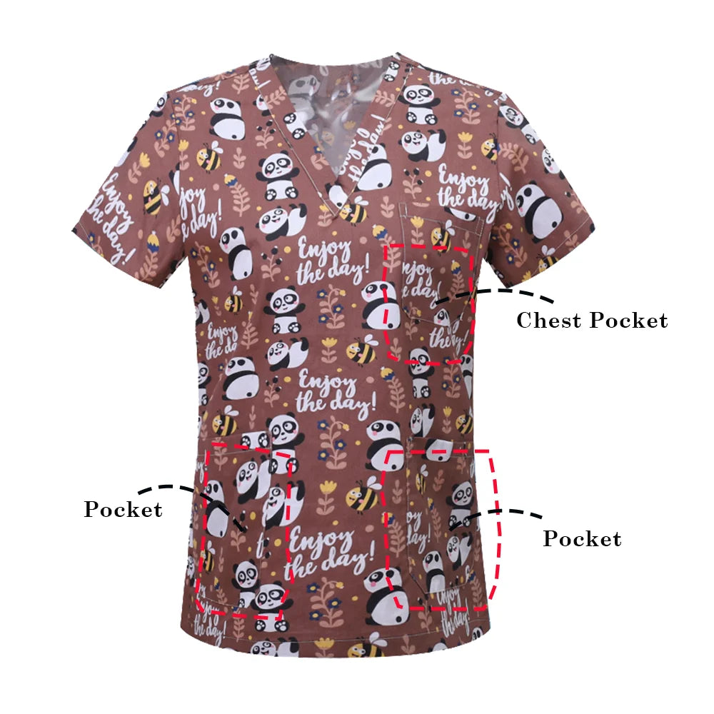 Nursing Scrubs Print Tops Women Working Uniform Blouse Short Sleeve V-neck Shirt Clothes Nurse Tunic Men Nurses Doctors Workwear