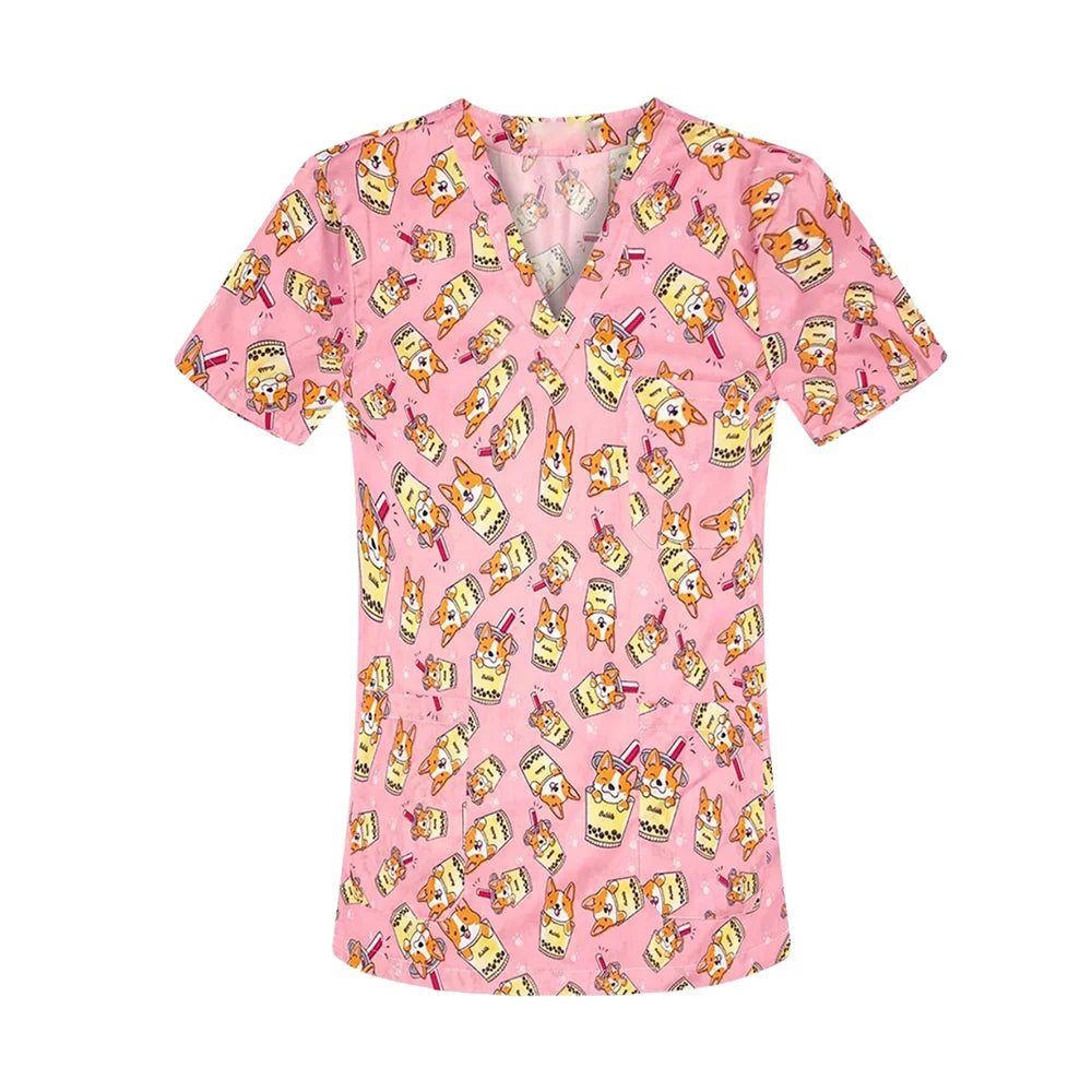 Nursing Scrubs Print Tops Women Working Uniform Blouse Short Sleeve V-neck Shirt Clothes Nurse Tunic Men Nurses Doctors Workwear
