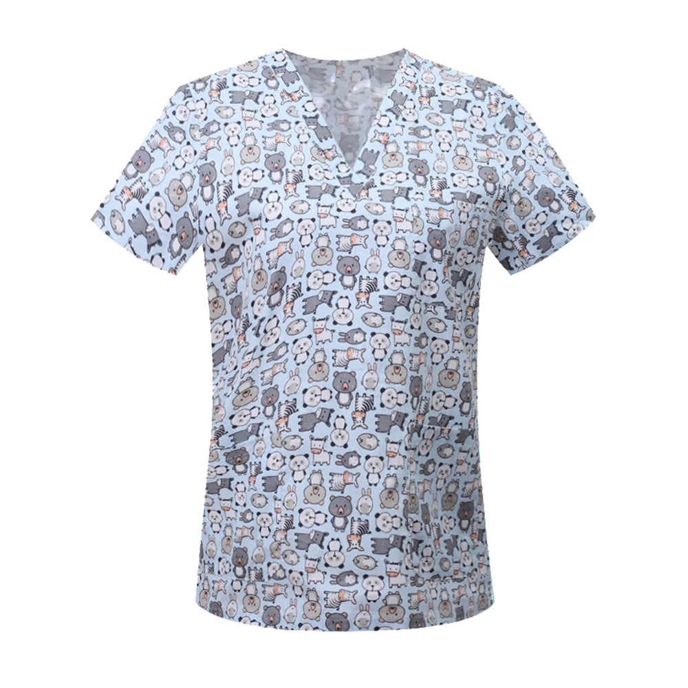 Nursing Scrubs Print Tops Women Working Uniform Blouse Short Sleeve V-neck Shirt Clothes Nurse Tunic Men Nurses Doctors Workwear