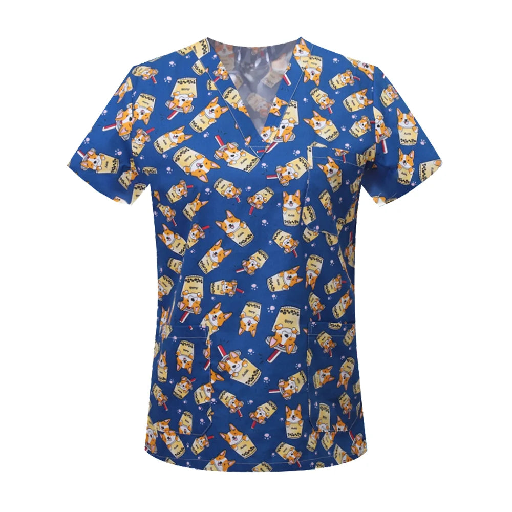 Nursing Scrubs Print Tops Women Working Uniform Blouse Short Sleeve V-neck Shirt Clothes Nurse Tunic Men Nurses Doctors Workwear