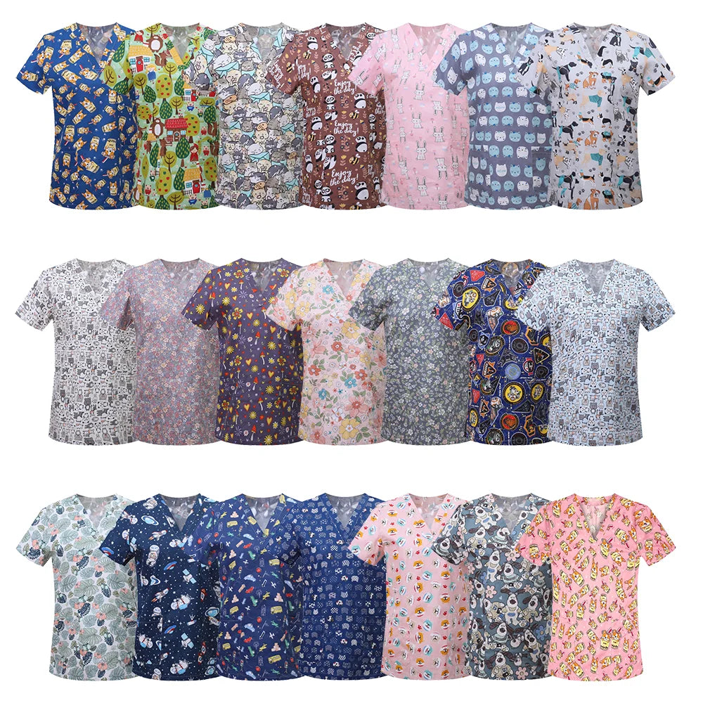Nursing Scrubs Print Tops Women Working Uniform Blouse Short Sleeve V-neck Shirt Clothes Nurse Tunic Men Nurses Doctors Workwear