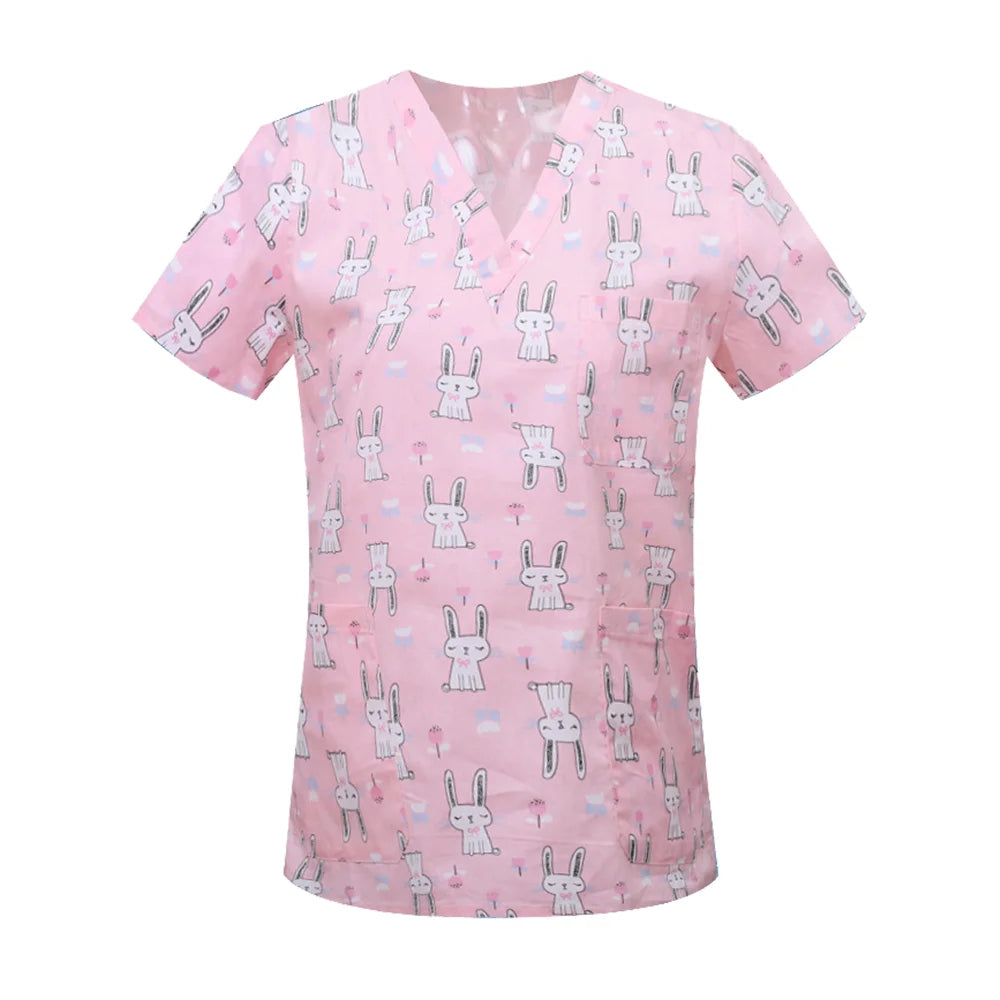 Nursing Scrubs Print Tops Women Working Uniform Blouse Short Sleeve V-neck Shirt Clothes Nurse Tunic Men Nurses Doctors Workwear