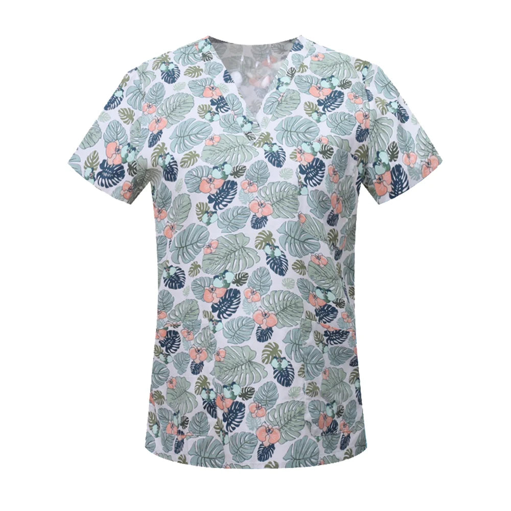 Nursing Scrubs Print Tops Women Working Uniform Blouse Short Sleeve V-neck Shirt Clothes Nurse Tunic Men Nurses Doctors Workwear