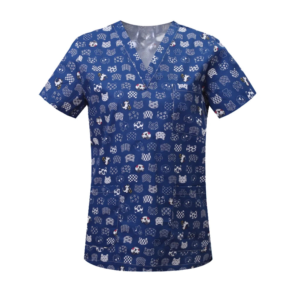 Nursing Scrubs Print Tops Women Working Uniform Blouse Short Sleeve V-neck Shirt Clothes Nurse Tunic Men Nurses Doctors Workwear